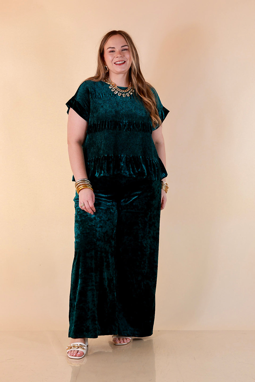 Velvet Hour Smocked Waist Crushed Velvet Wide Leg Pants in Teal