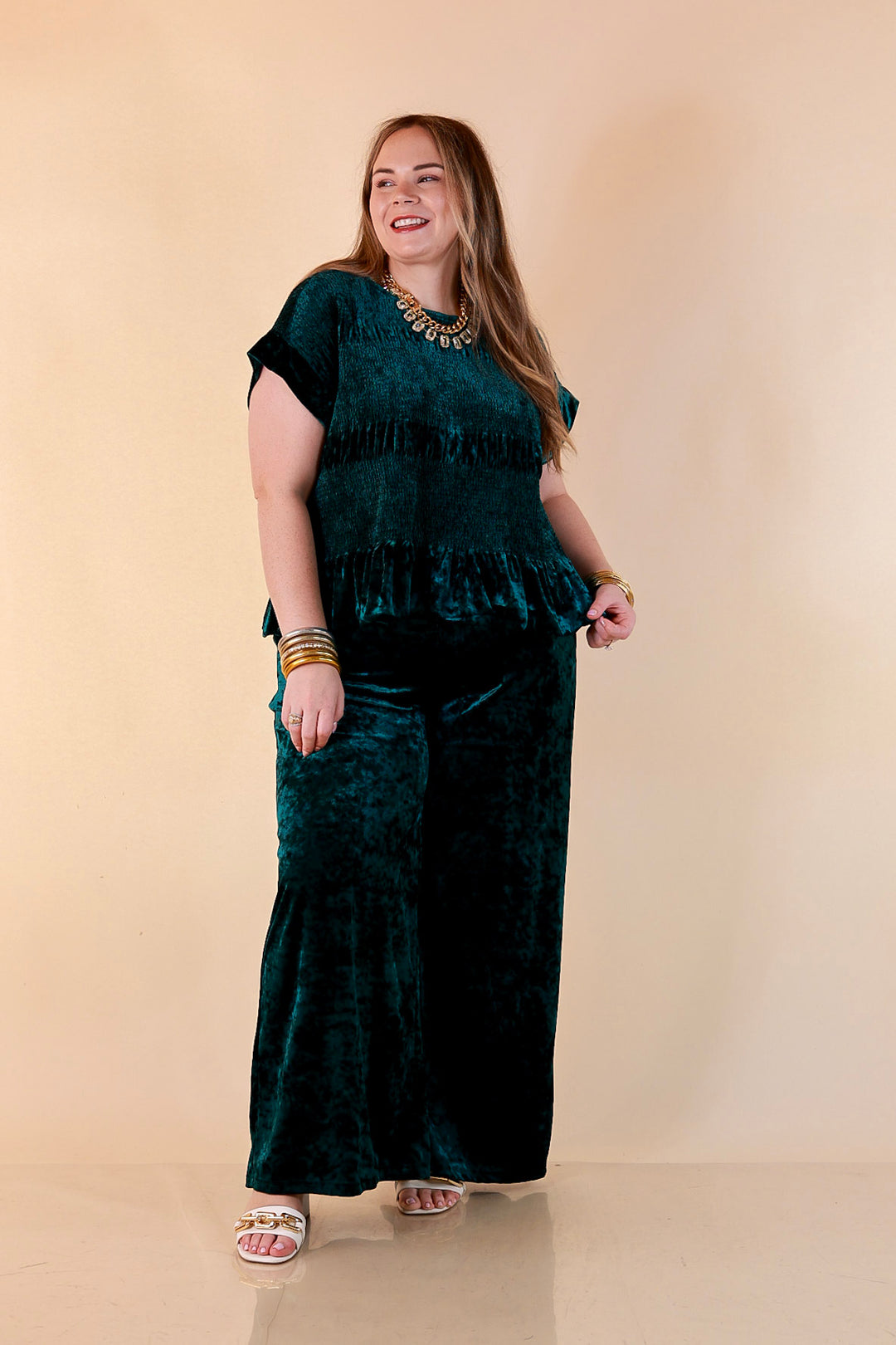 Velvet Hour Smocked Waist Crushed Velvet Wide Leg Pants in Teal