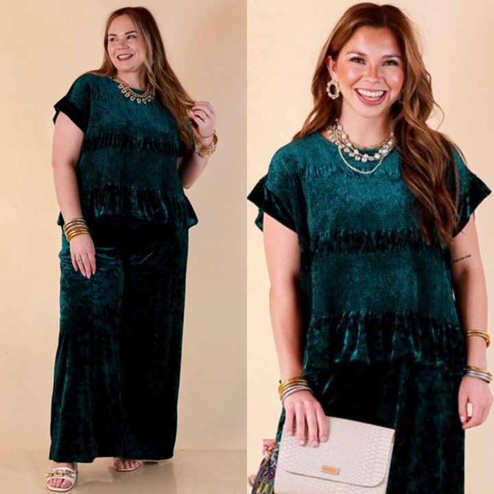 Two images of a woman wearing the Velvet Hour Smocked Crushed Velvet Cap Sleeve Peplum Top in Teal on a beige background