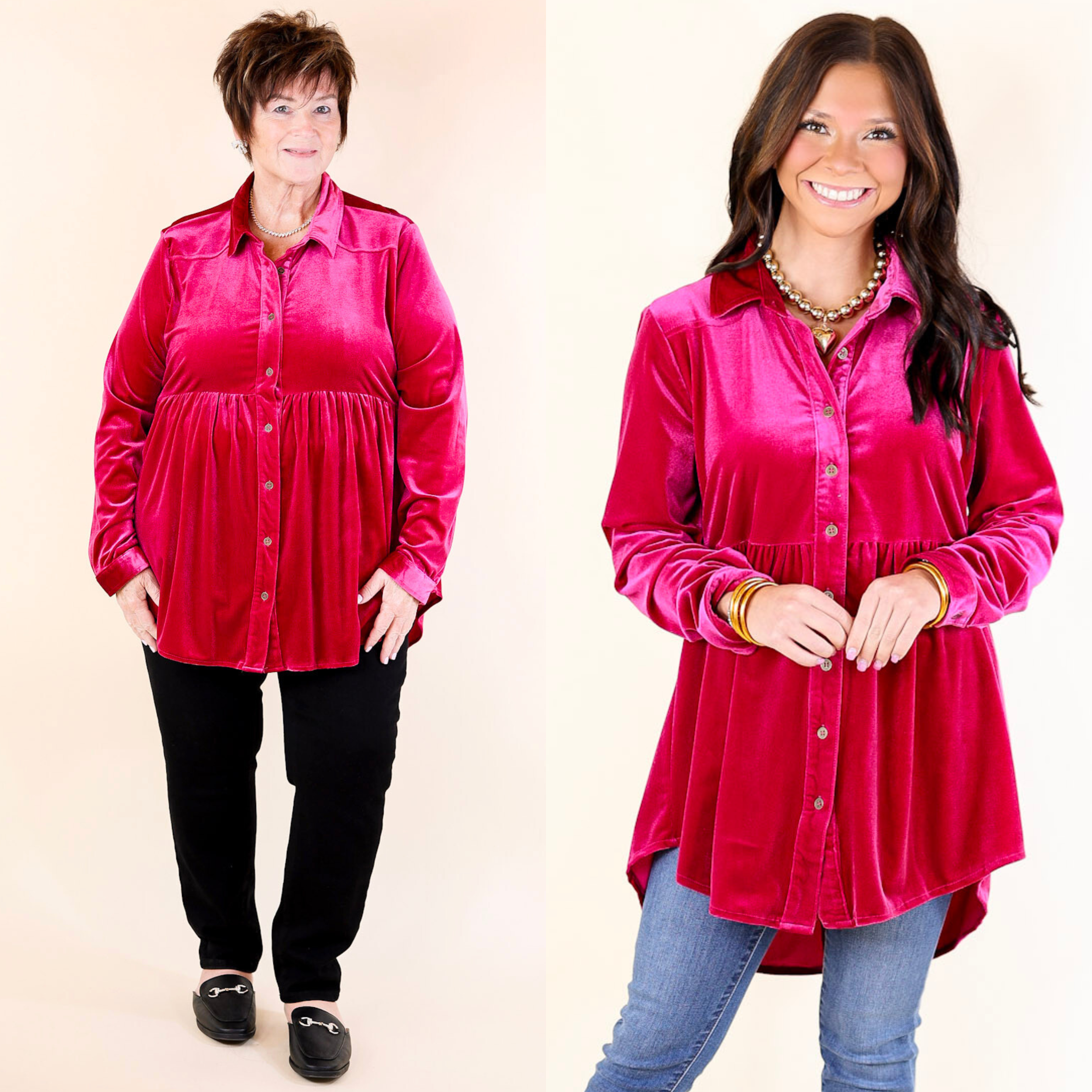 Call Me Yours Button Up Velvet Long Sleeve Babydoll Tunic Top in Raspberry Pink