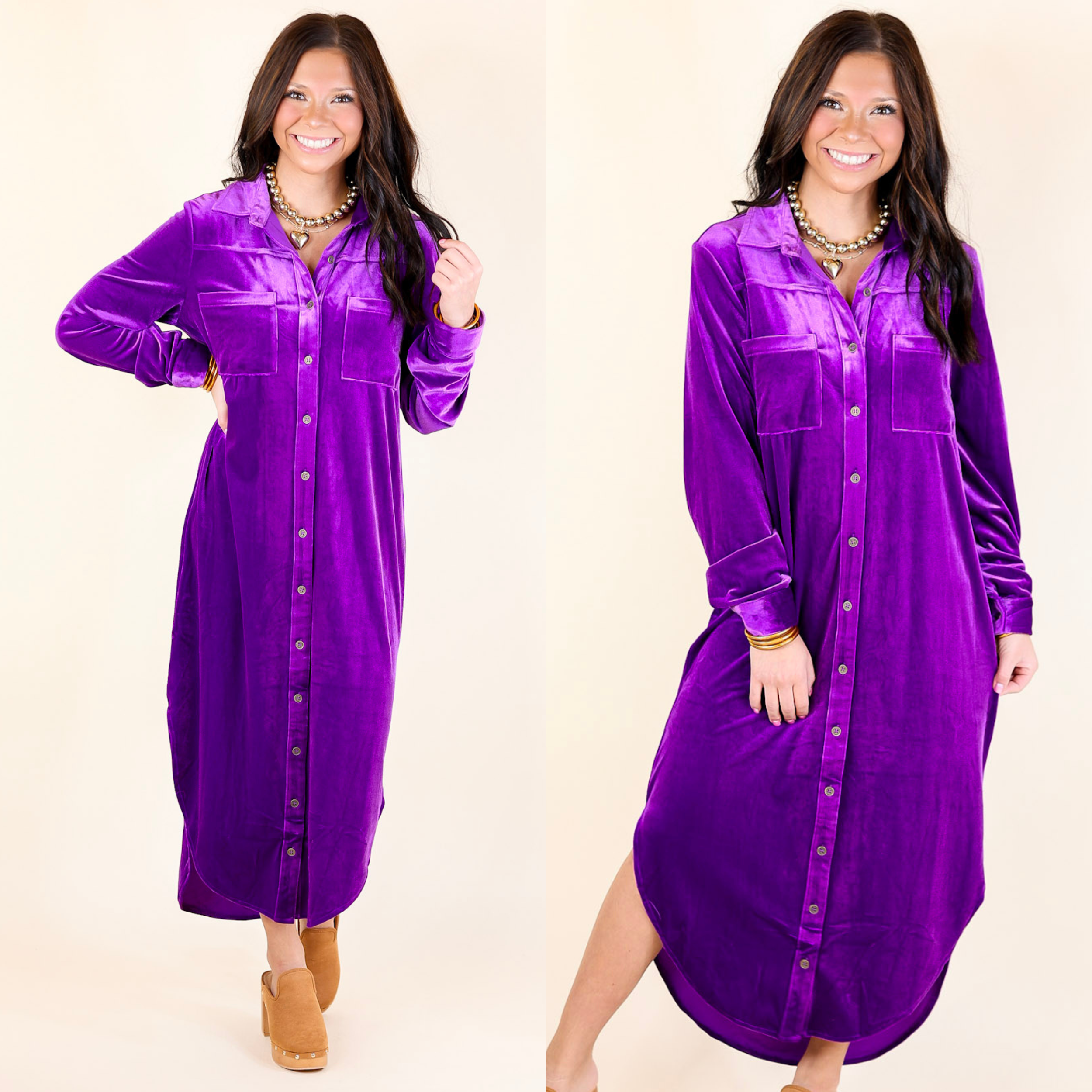 London Fog Velvet Button Up Midi Dress with Long Sleeves in Purple