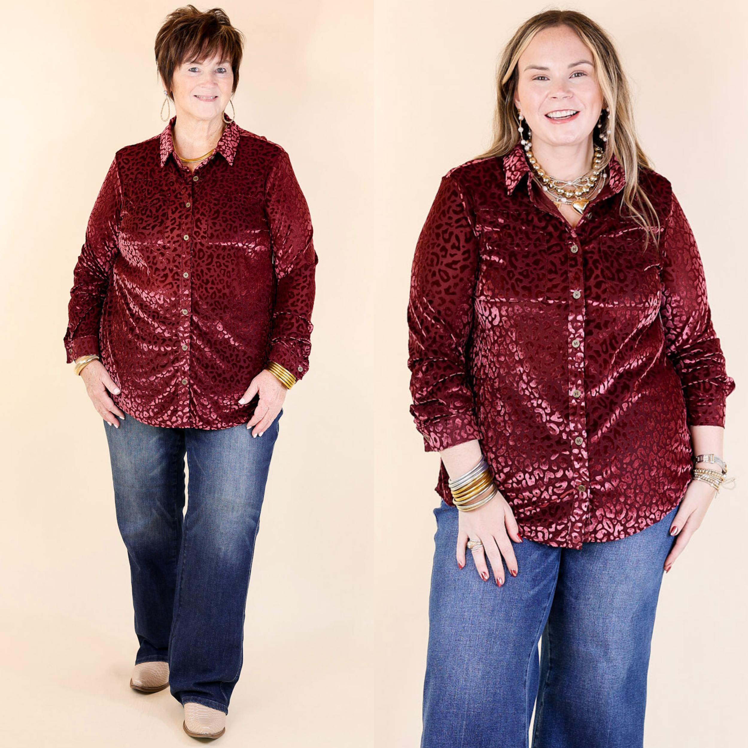 Candy Apple Evening Button Up Animal Print Velvet Long Sleeve Blouse in Wine Red