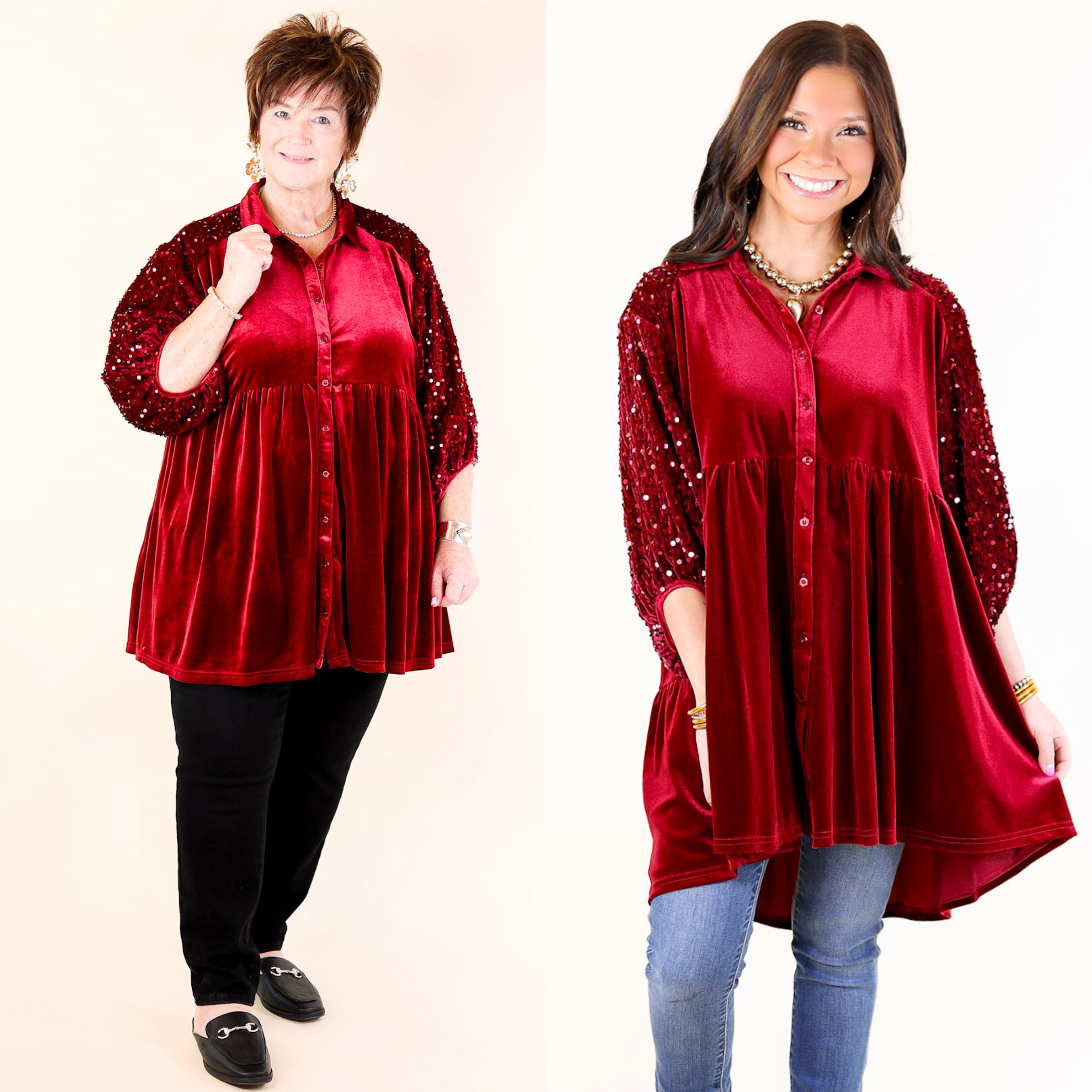 Love Link Button Up Velvet and Sequin Half Sleeve Babydoll Tunic Top in Wine Red