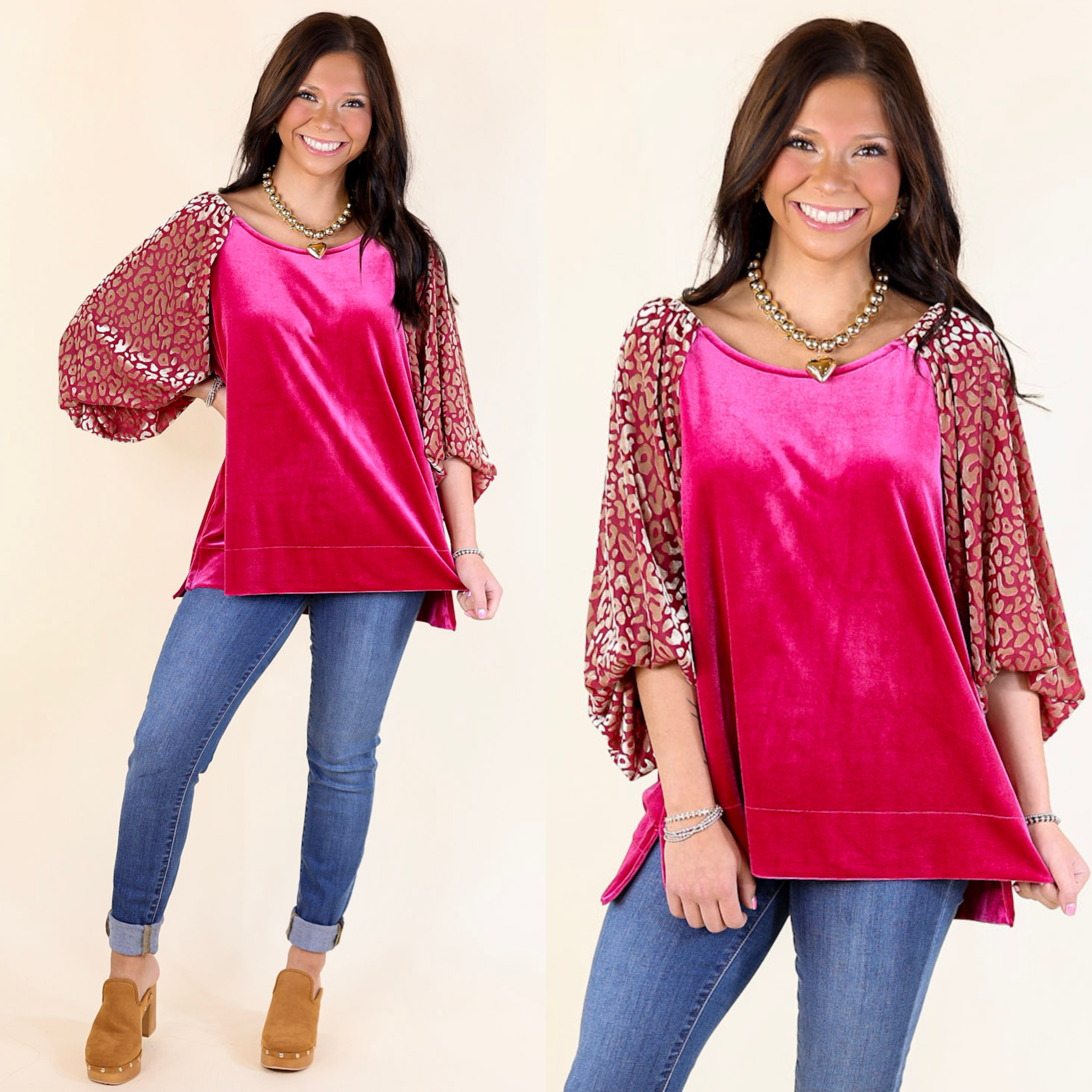 Keeping Warm Animal Print Velvet Half Sleeve Blouse in Raspberry Red