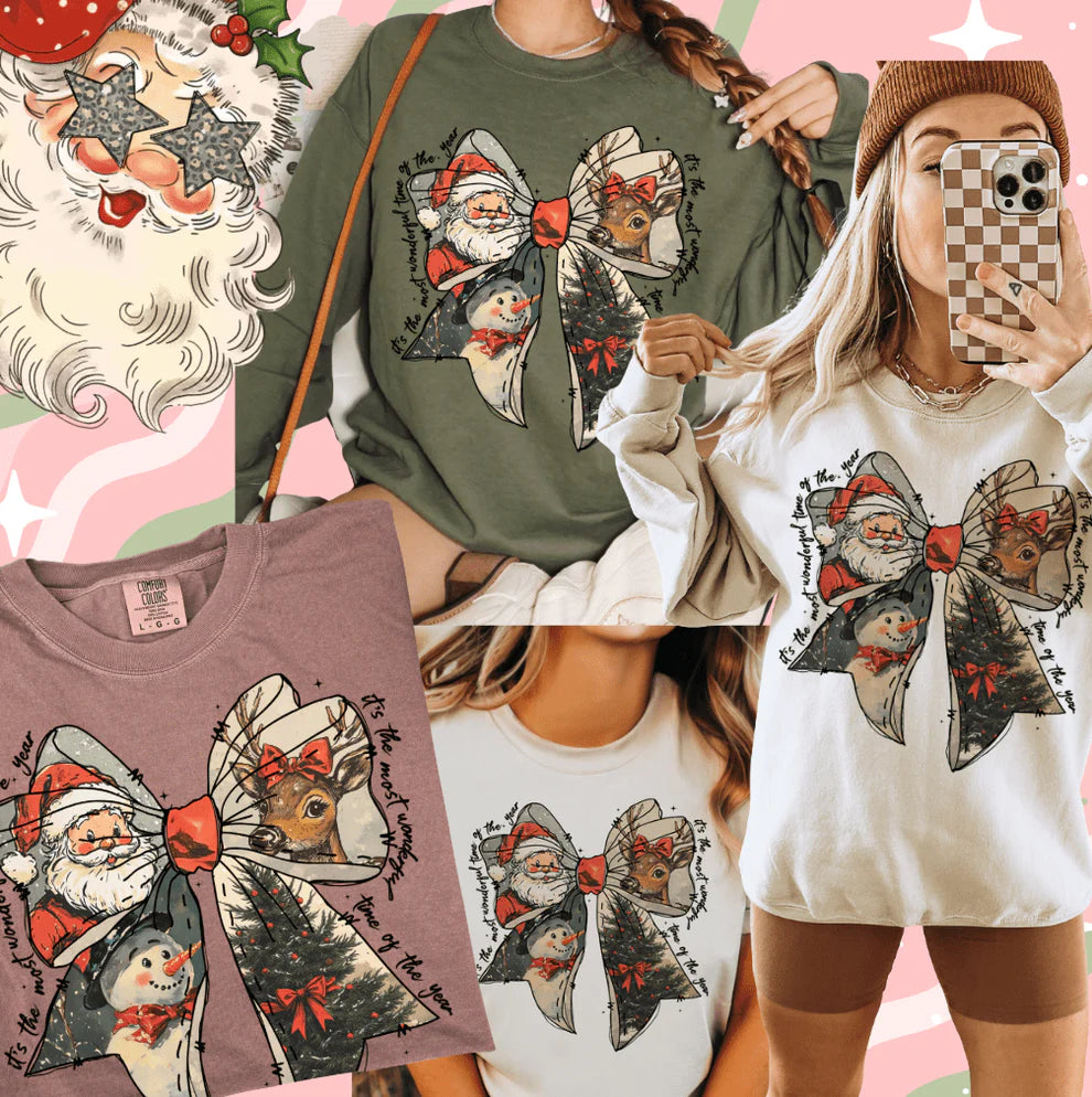 Collage of people wearing t-shirts with a festive design featuring Santa Claus and reindeer.