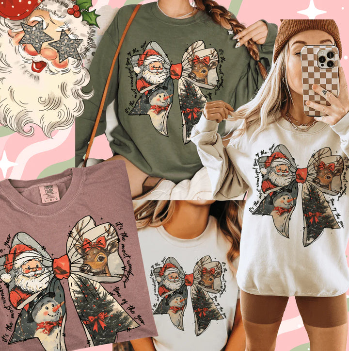 Collage of people wearing t-shirts with a festive design featuring Santa Claus and reindeer.