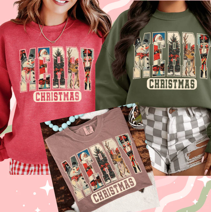 Three people wearing Christmas-themed sweatshirts and a t-shirt with 'Merry Christmas' design.