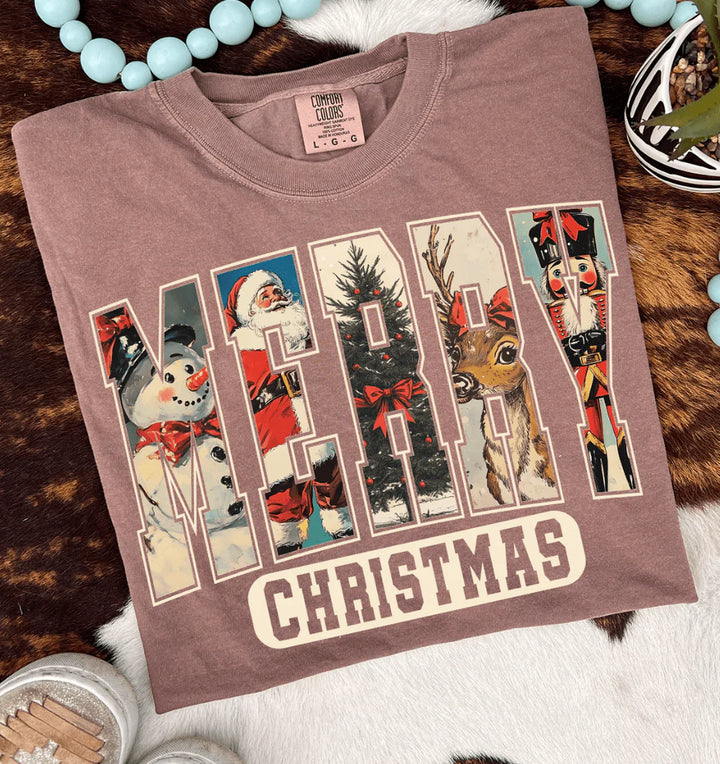 Brown t-shirt with Christmas-themed design on a wooden surface