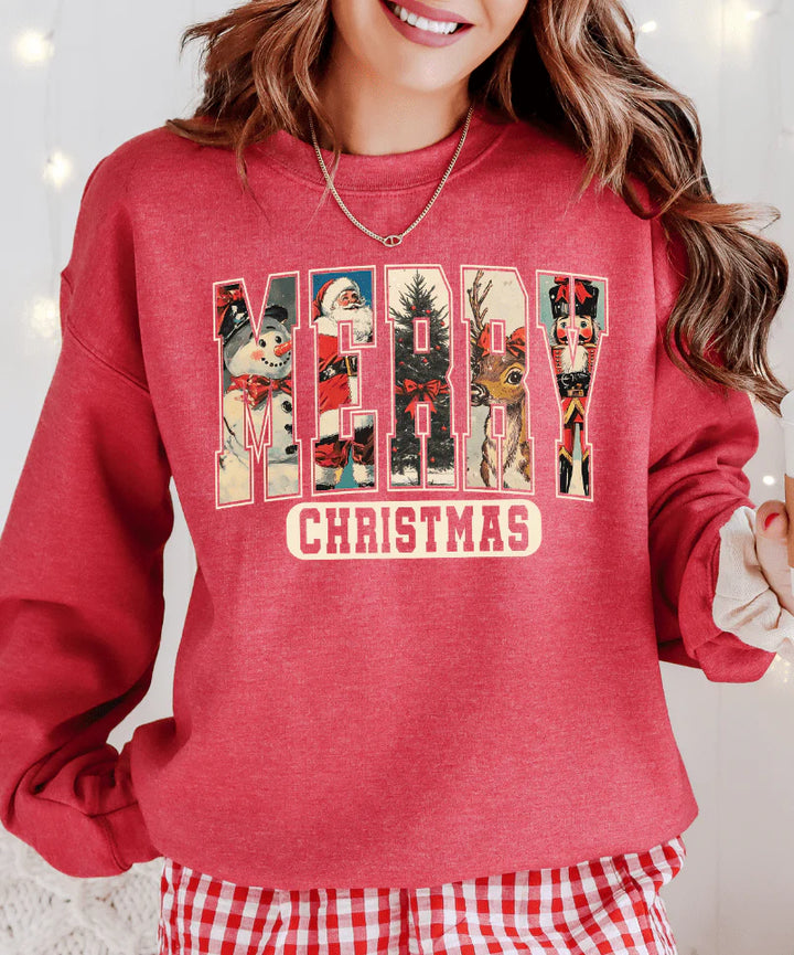 Person wearing a red 'Merry Christmas' sweatshirt with festive graphics.