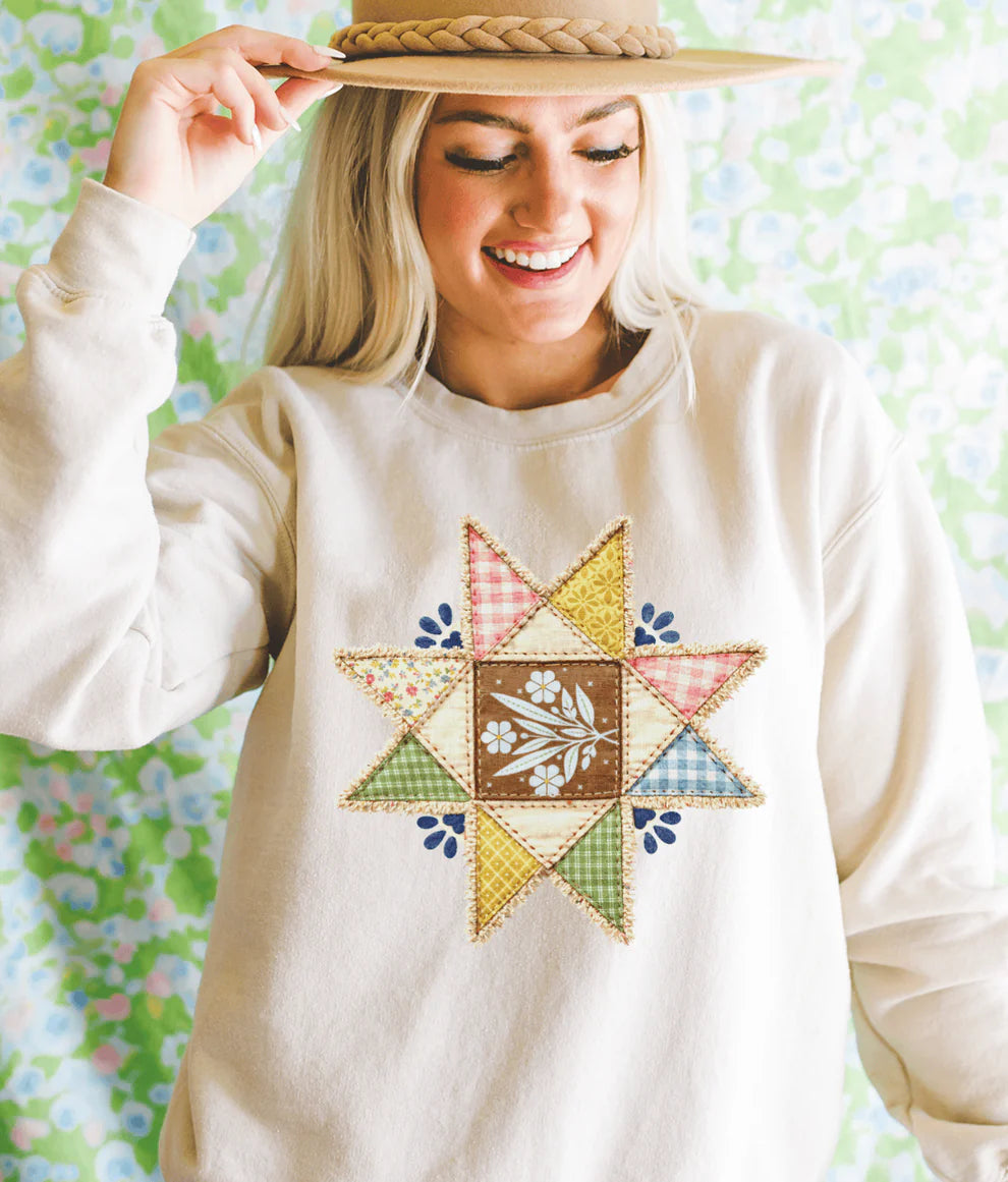 vintage quilt star patchwork cottagecore graphic sweatshirt boutique shirt