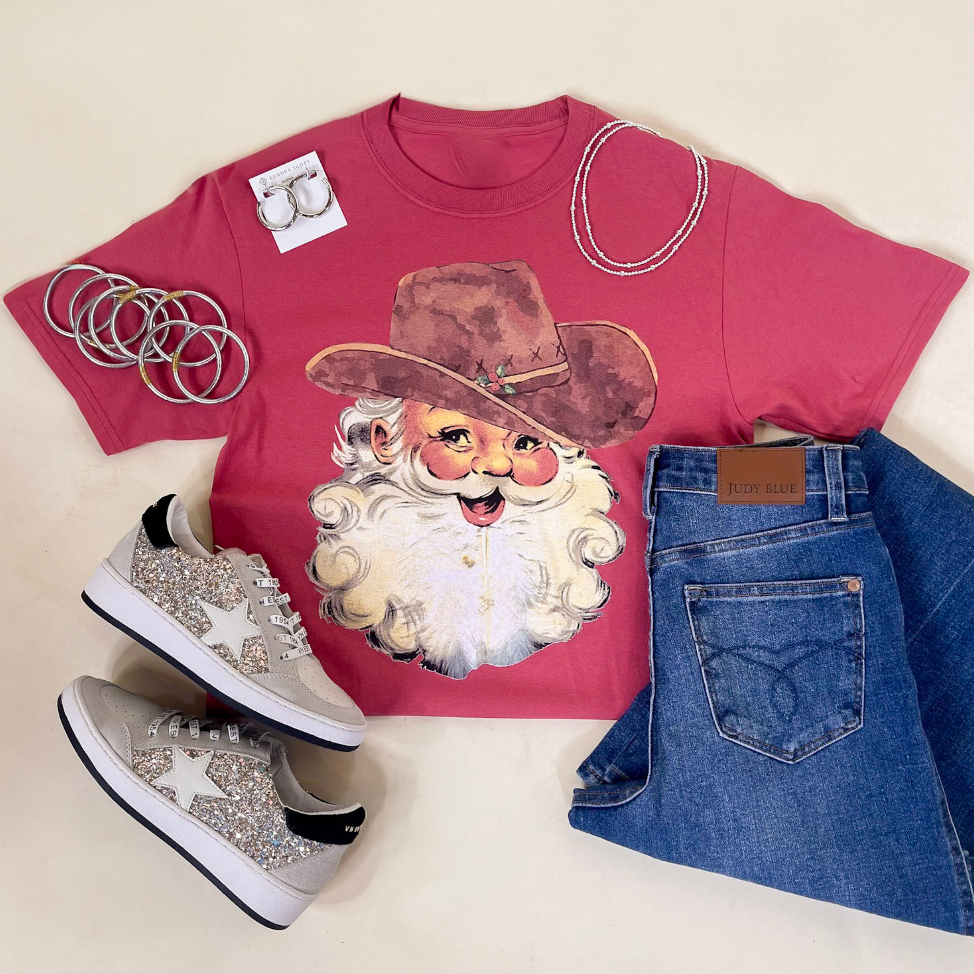 Vintage Cowboy Santa Short Sleeve Graphic Tee in Vintage Red