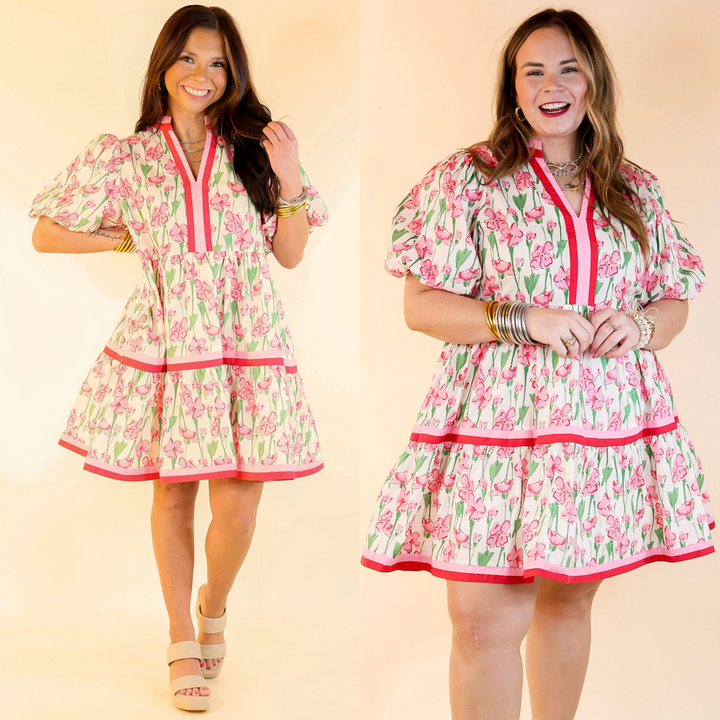 LAST CHANCE SIZE LARGE | Naturally Chic Floral Print Dress with Short Balloon Sleeves in Off White