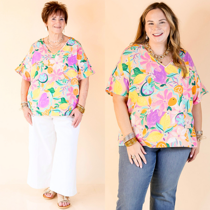 Majestic Moment V Neck Fruit Print Poncho Top in Blush Pink