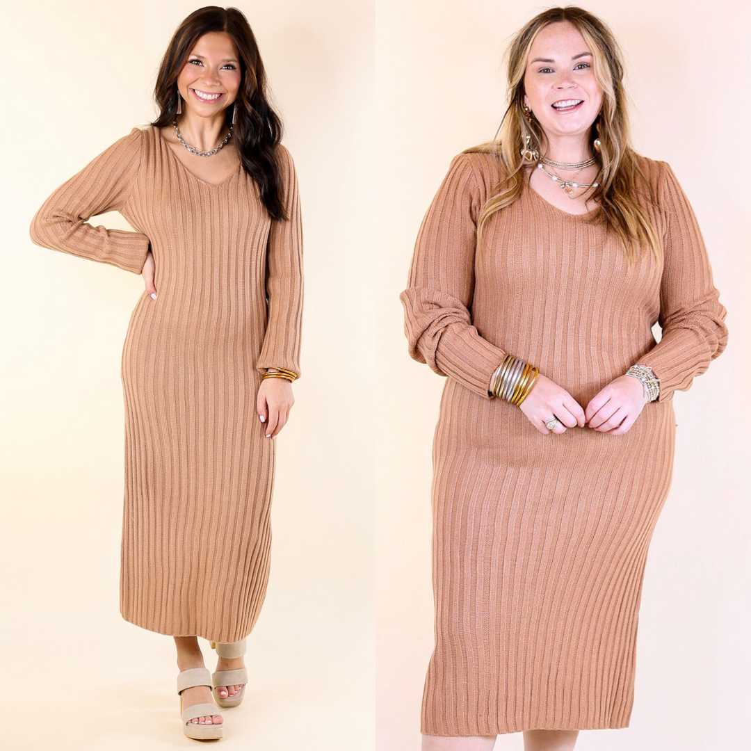 sweater dress nude V Neck Midi Sweater Dress in Clay Nude S