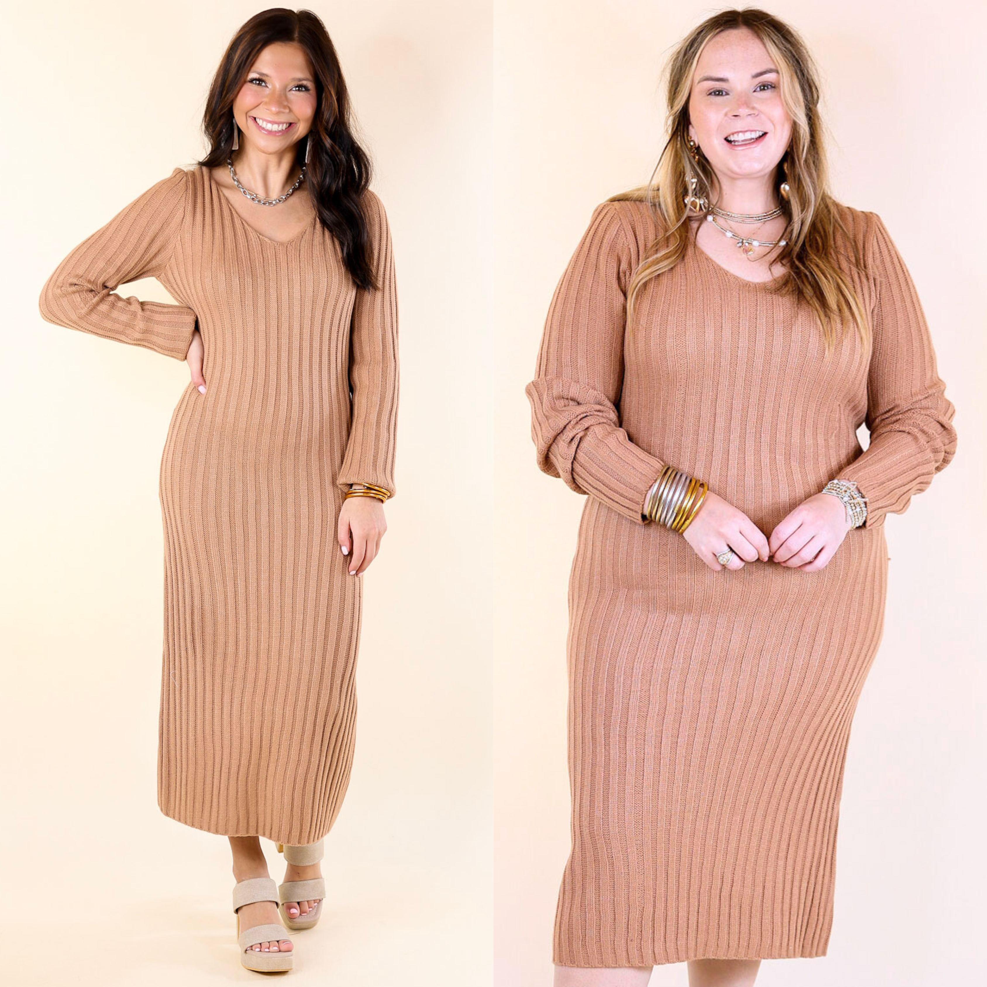 Pumpkin Spice Weather V Neck Midi Sweater Dress in Clay Nude