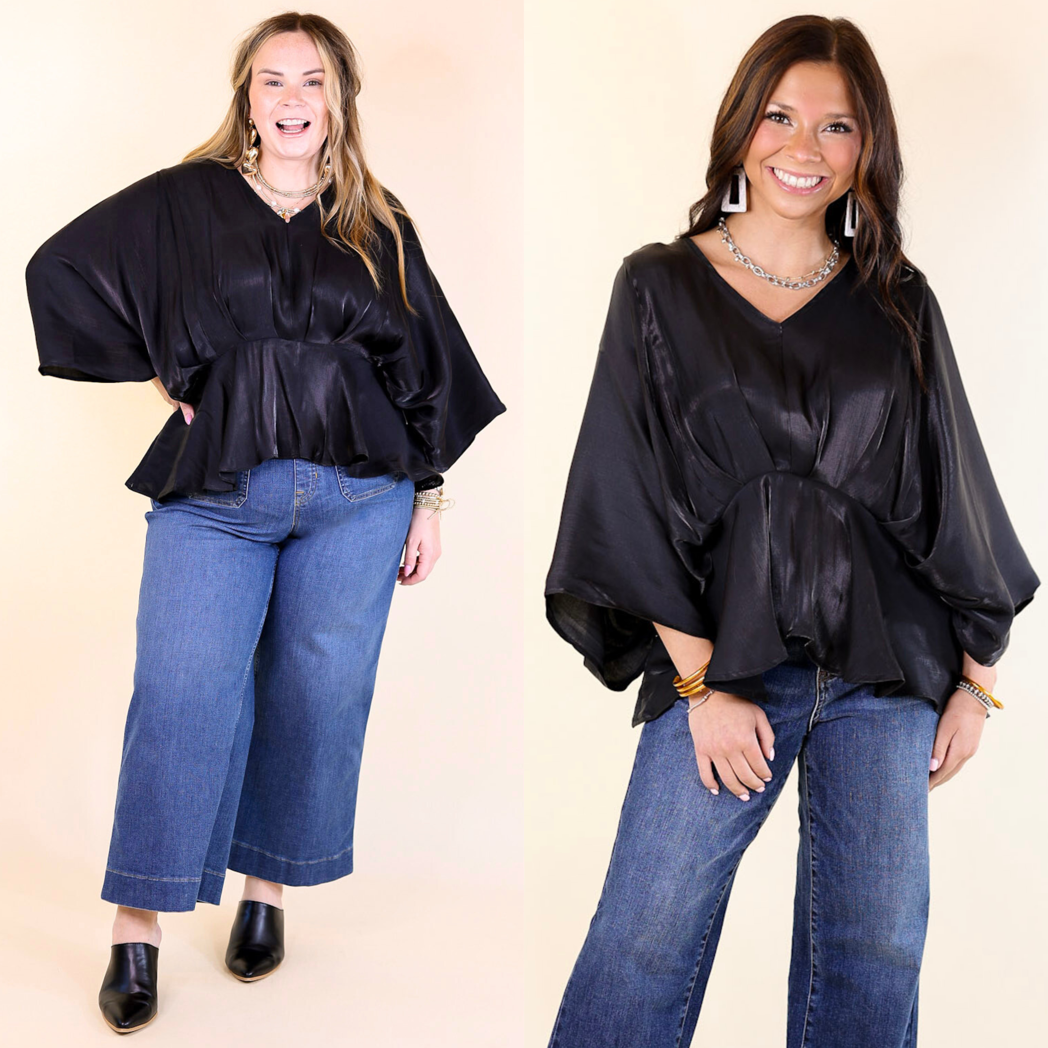 Hear the Music Drop Sleeve Satin V Neck Peplum Top in Shiny Black