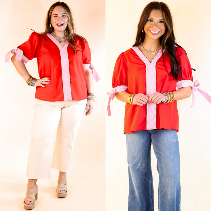 Last Chance Size Medium | Perfectly Poised V Neck Top with Short Balloon Sleeves with Bows in Red - ONLINE EXCLUSIVE