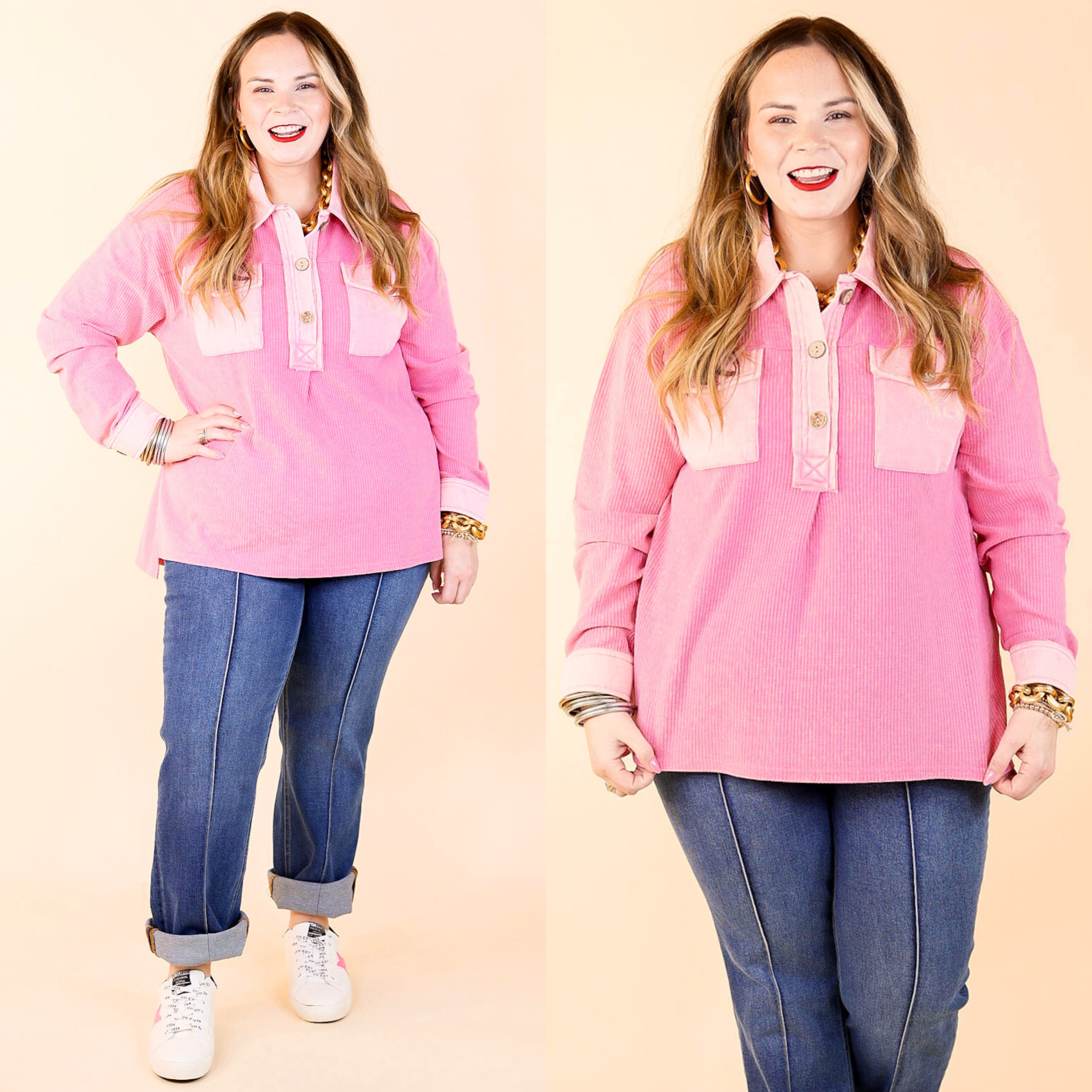 Cozy Welcome Waffle Knit Collared Top with Long Sleeves in Pink