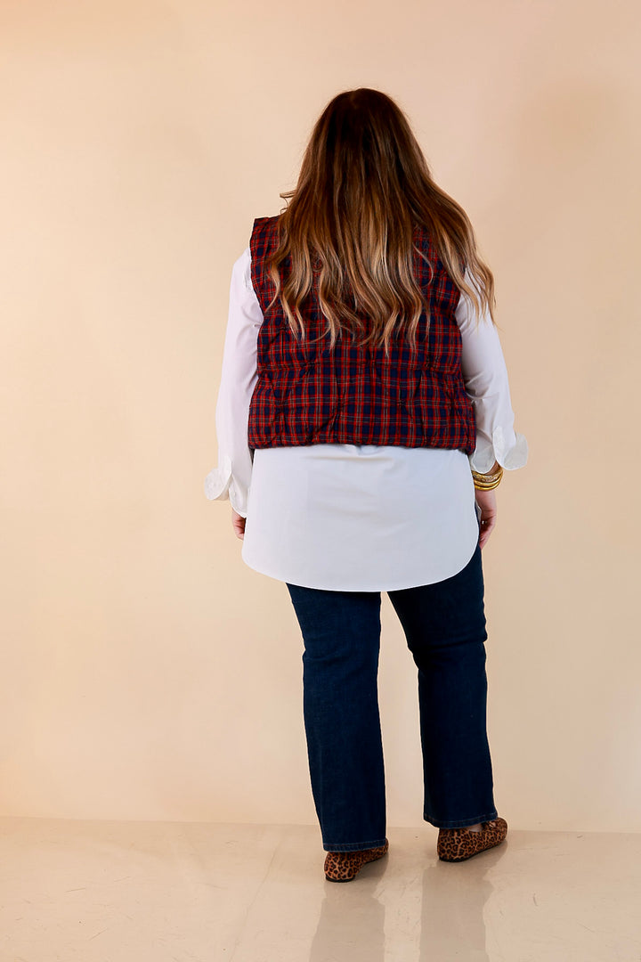 Warm Regards Plaid Quilted Puffer Vest with Stand Collar in Red and Navy