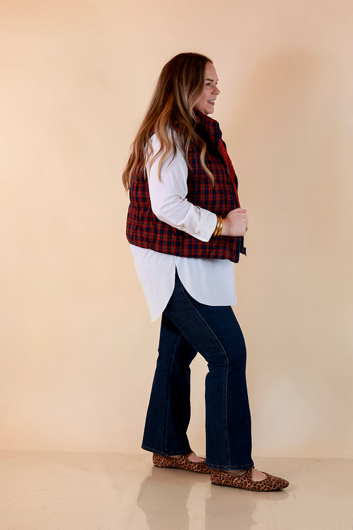Warm Regards Plaid Quilted Puffer Vest with Stand Collar in Red and Navy