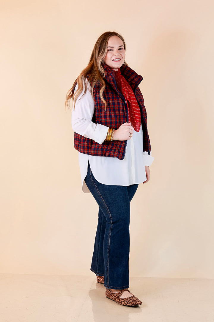 Warm Regards Plaid Quilted Puffer Vest with Stand Collar in Red and Navy