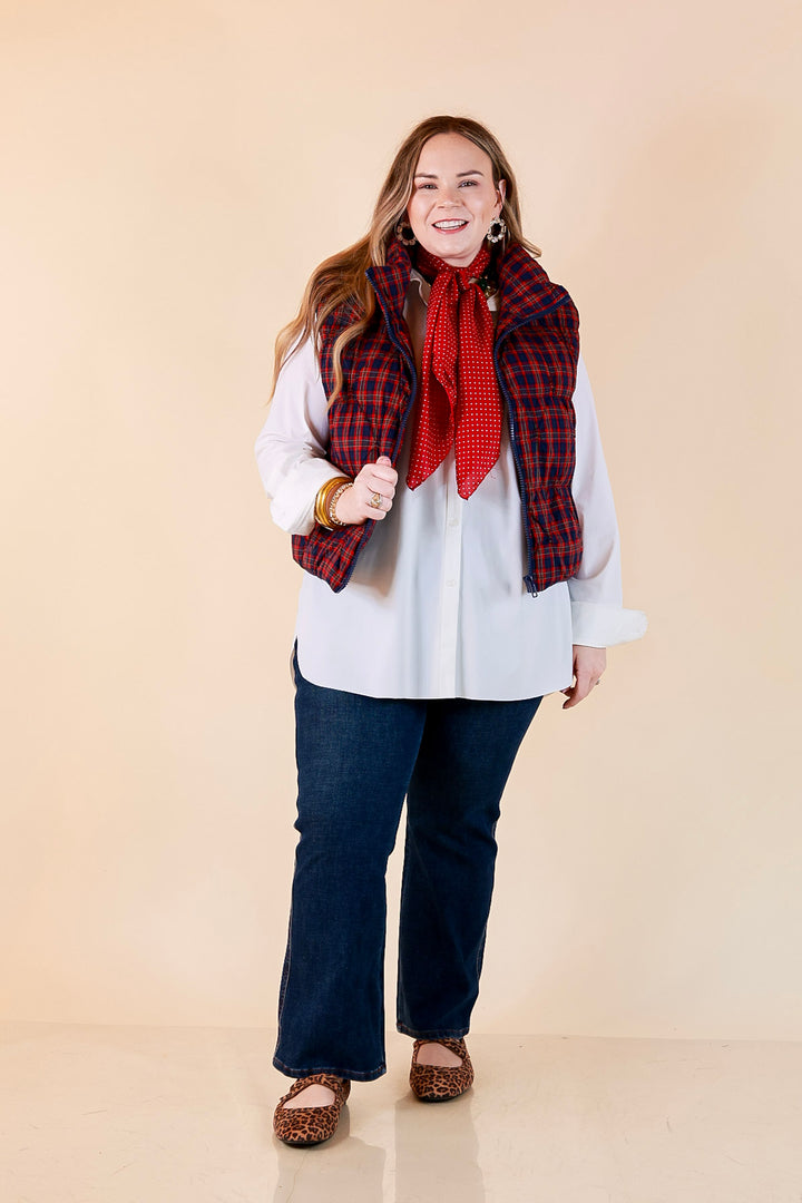 Warm Regards Plaid Quilted Puffer Vest with Stand Collar in Red and Navy