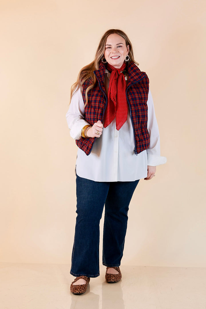 Warm Regards Plaid Quilted Puffer Vest with Stand Collar in Red and Navy