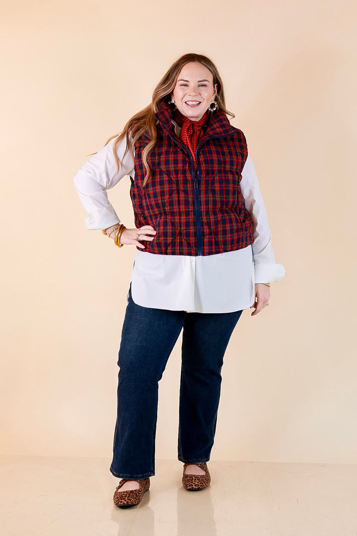 Warm Regards Plaid Quilted Puffer Vest with Stand Collar in Red and Navy