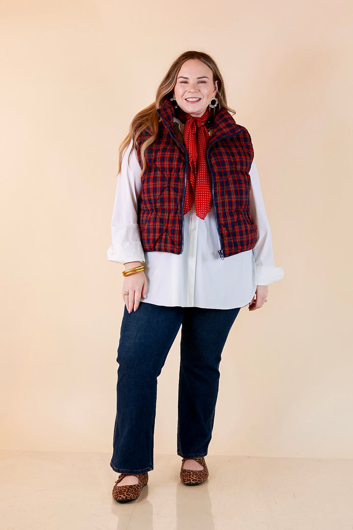 Warm Regards Plaid Quilted Puffer Vest with Stand Collar in Red and Navy