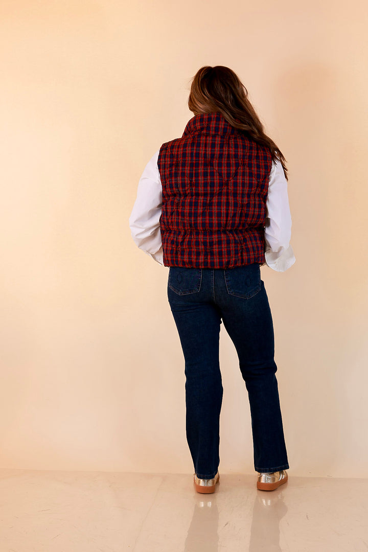 Warm Regards Plaid Quilted Puffer Vest with Stand Collar in Red and Navy