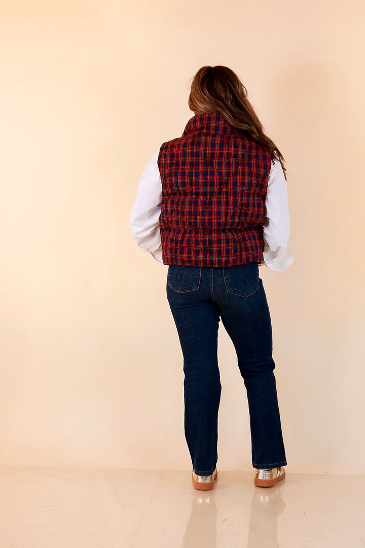 Warm Regards Plaid Quilted Puffer Vest with Stand Collar in Red and Navy