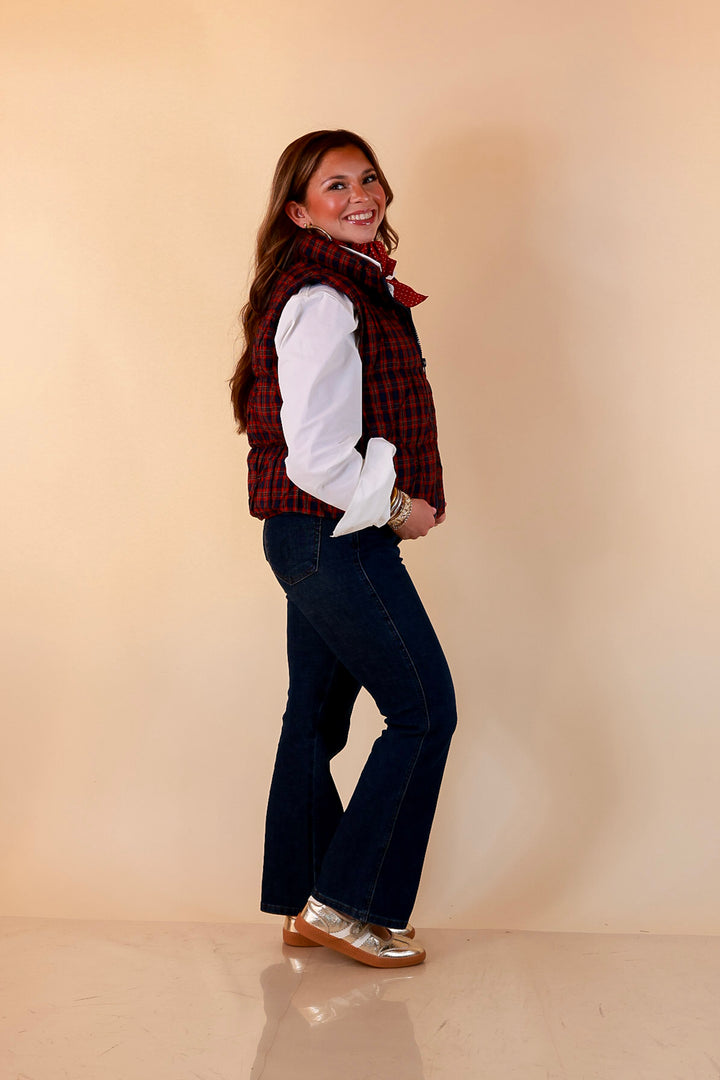 Warm Regards Plaid Quilted Puffer Vest with Stand Collar in Red and Navy