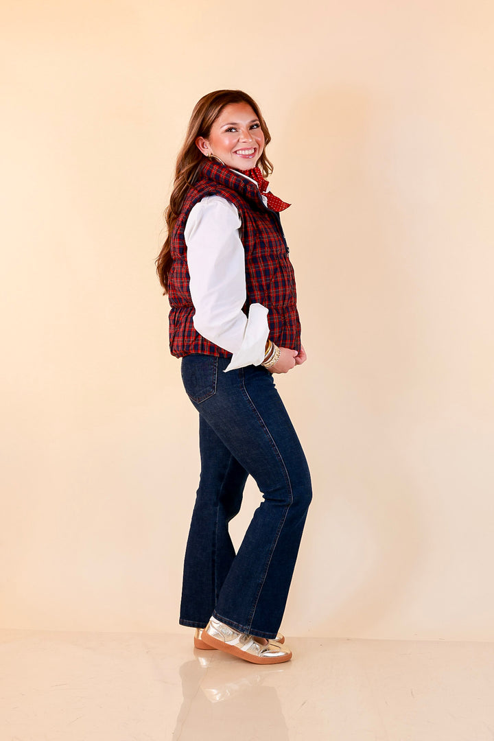 Warm Regards Plaid Quilted Puffer Vest with Stand Collar in Red and Navy