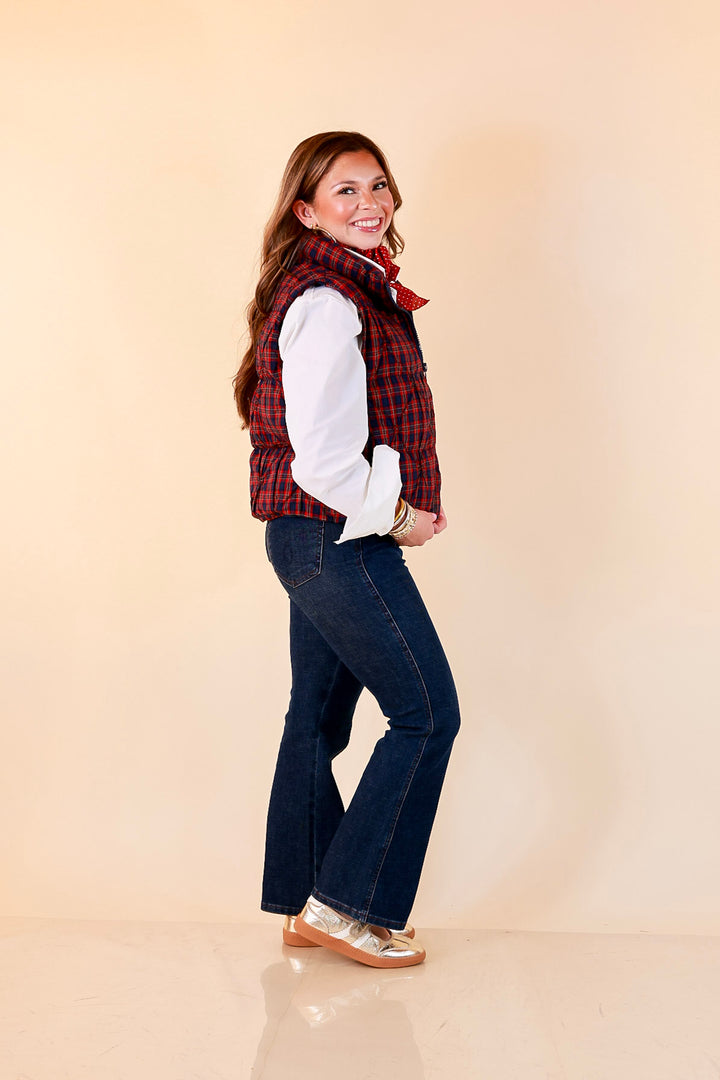 Warm Regards Plaid Quilted Puffer Vest with Stand Collar in Red and Navy