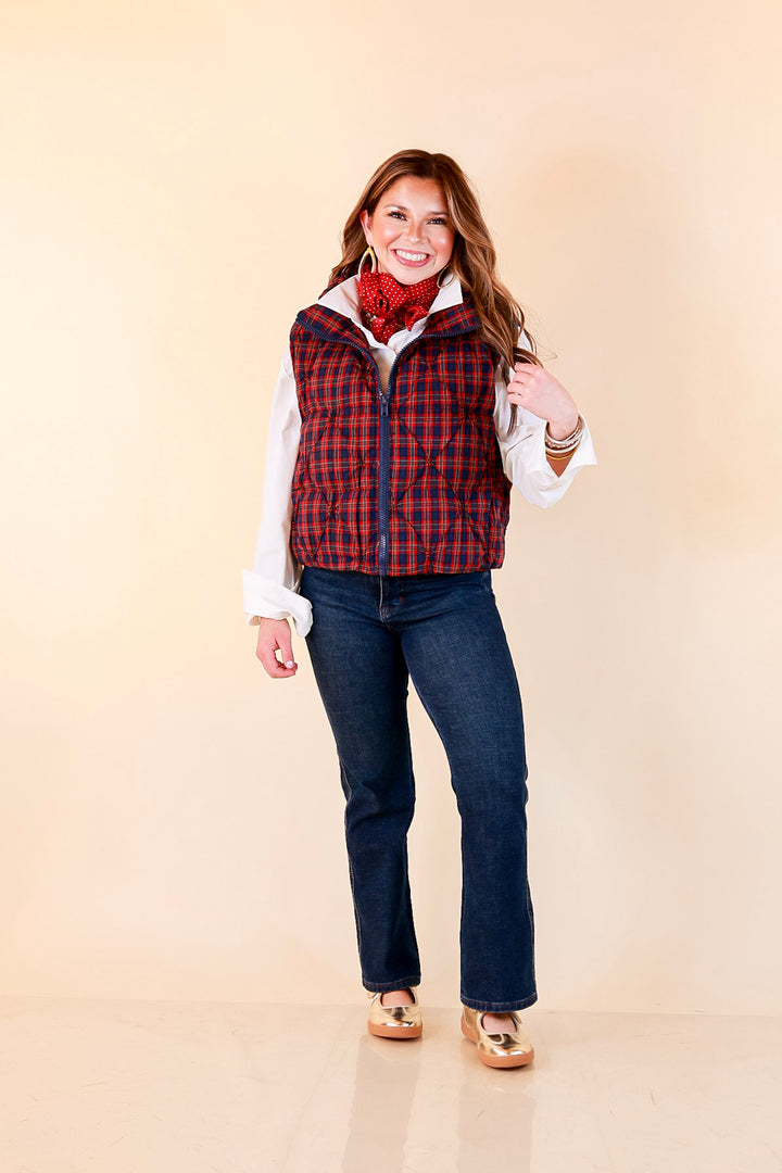 Warm Regards Plaid Quilted Puffer Vest with Stand Collar in Red and Navy