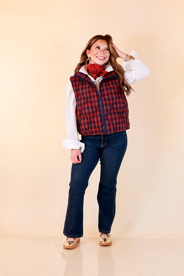Warm Regards Plaid Quilted Puffer Vest with Stand Collar in Red and Navy