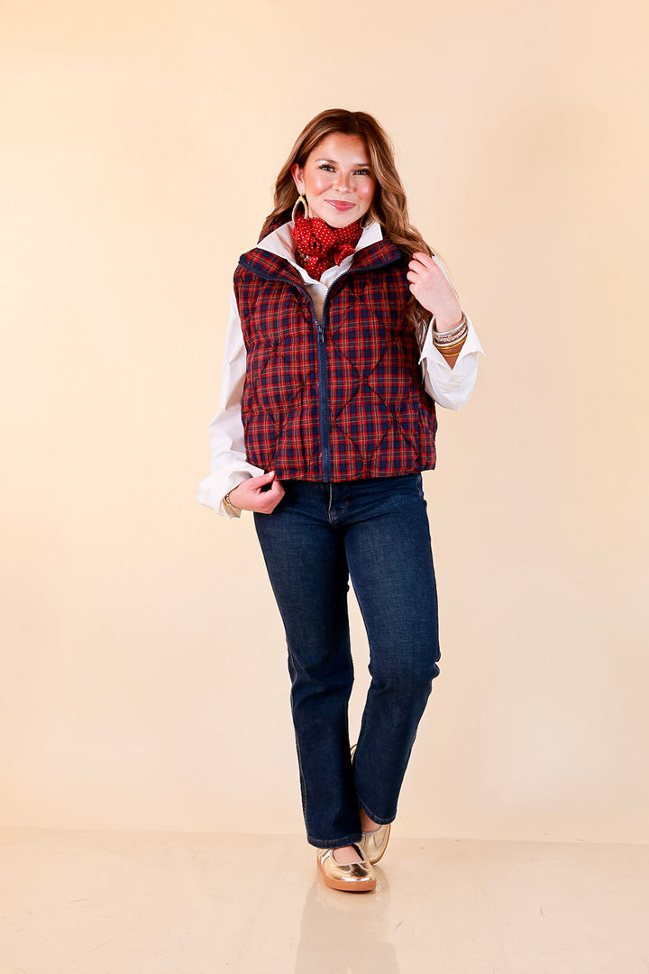 Warm Regards Plaid Quilted Puffer Vest with Stand Collar in Red and Navy