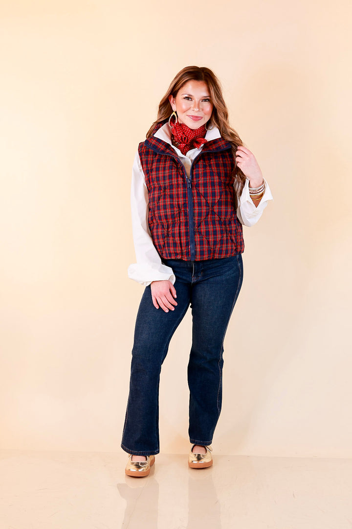 Warm Regards Plaid Quilted Puffer Vest with Stand Collar in Red and Navy