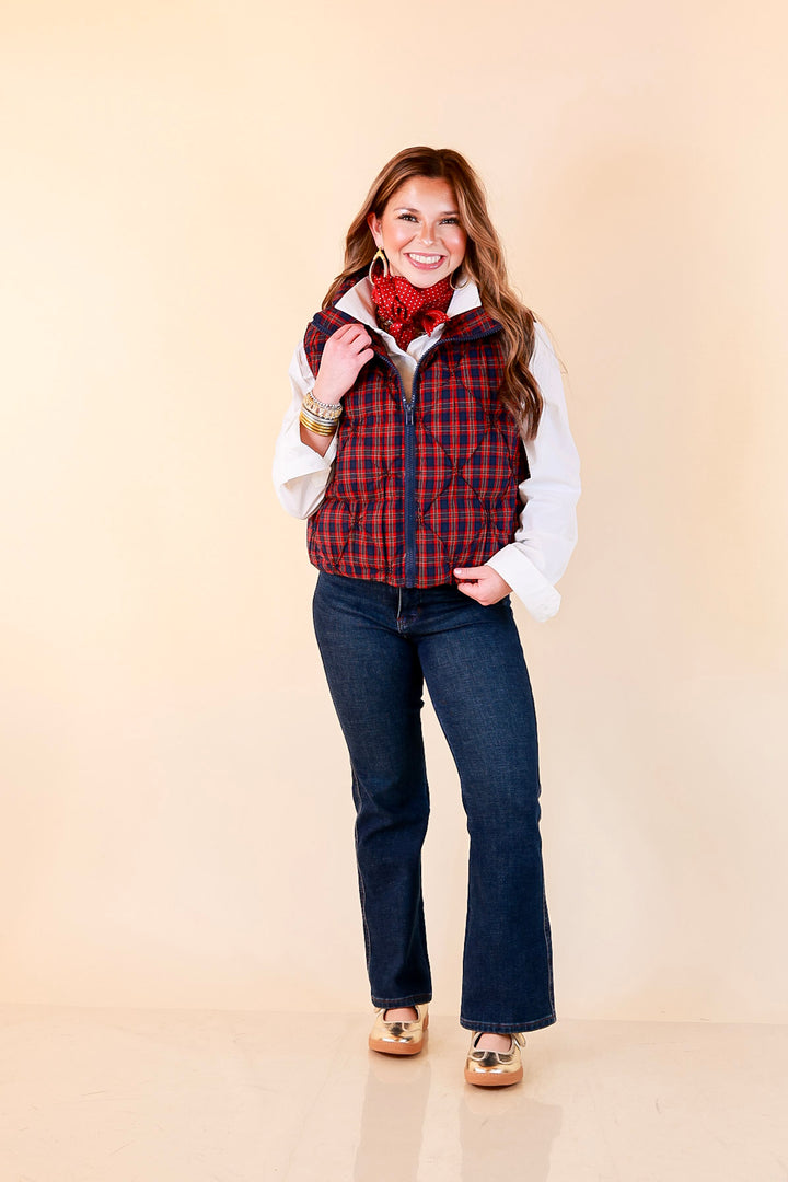 Warm Regards Plaid Quilted Puffer Vest with Stand Collar in Red and Navy