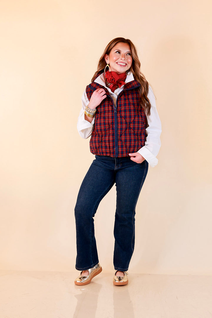 Warm Regards Plaid Quilted Puffer Vest with Stand Collar in Red and Navy