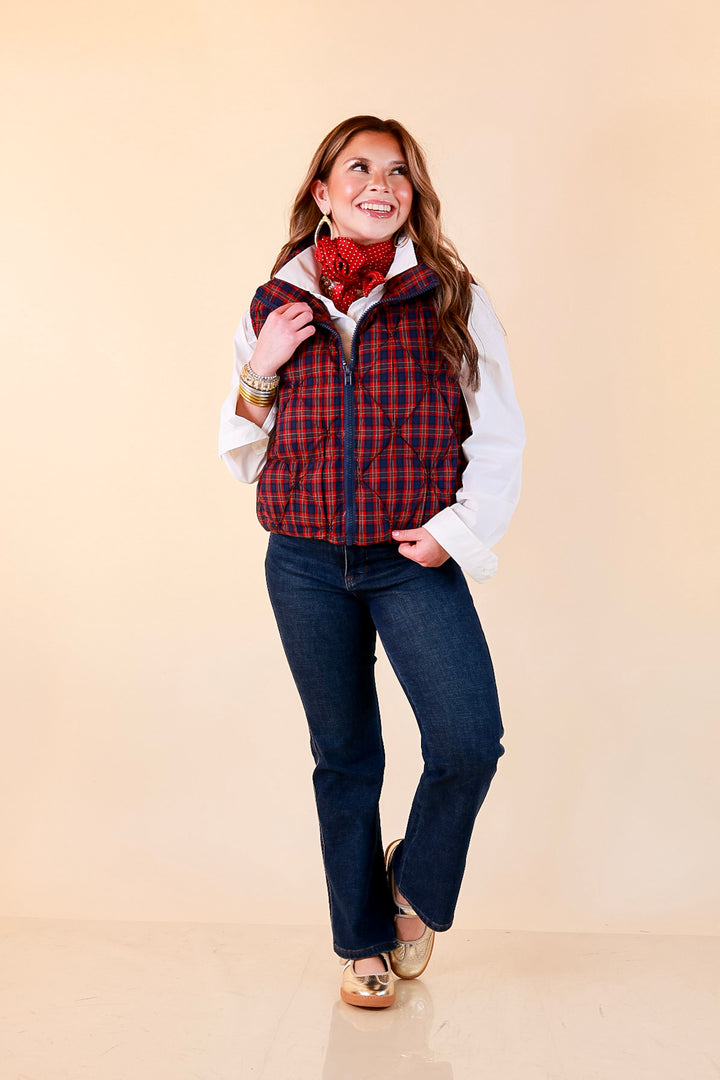 Warm Regards Plaid Quilted Puffer Vest with Stand Collar in Red and Navy