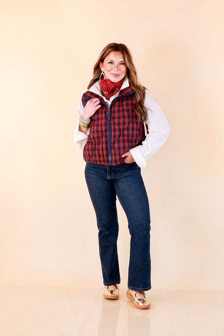 Warm Regards Plaid Quilted Puffer Vest with Stand Collar in Red and Navy