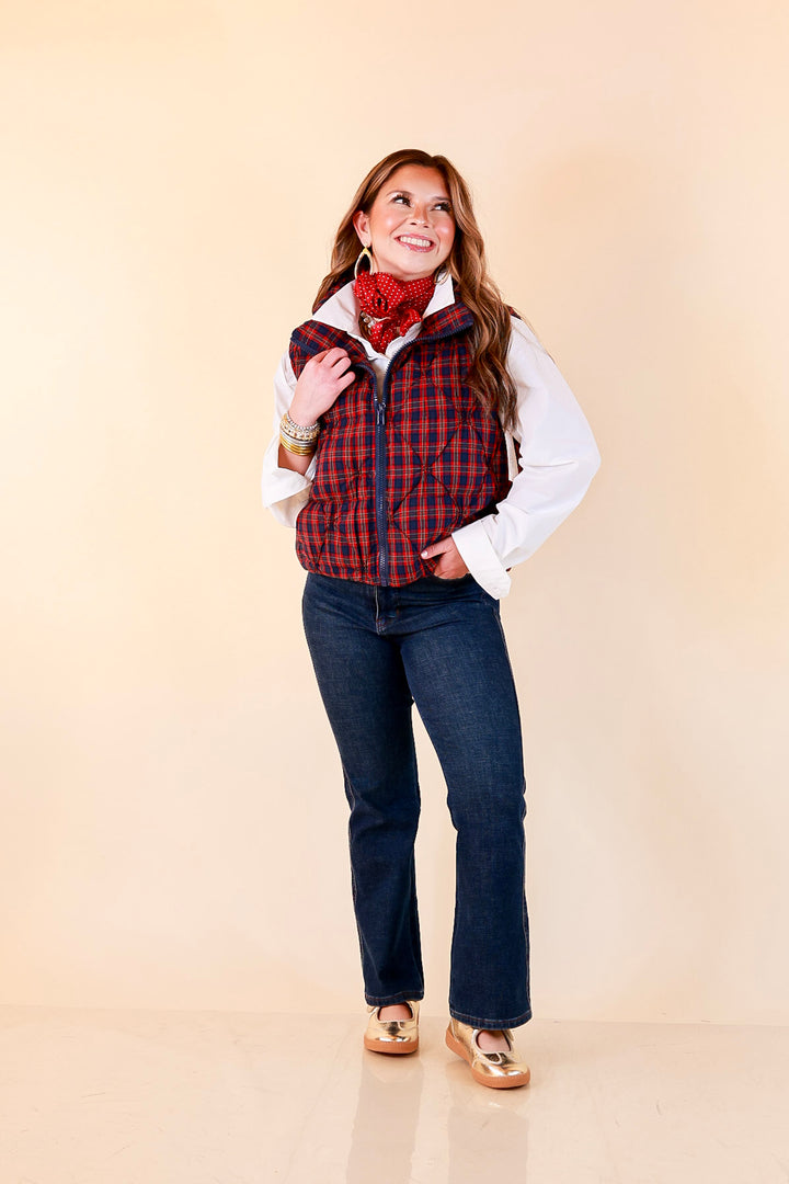 Warm Regards Plaid Quilted Puffer Vest with Stand Collar in Red and Navy