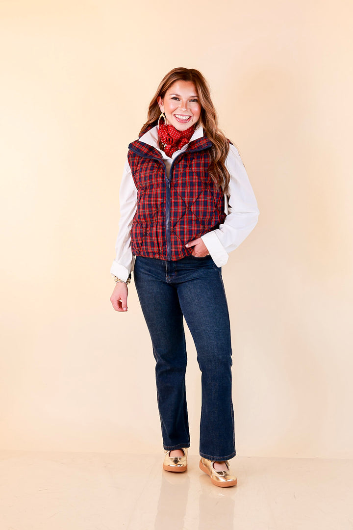 Warm Regards Plaid Quilted Puffer Vest with Stand Collar in Red and Navy