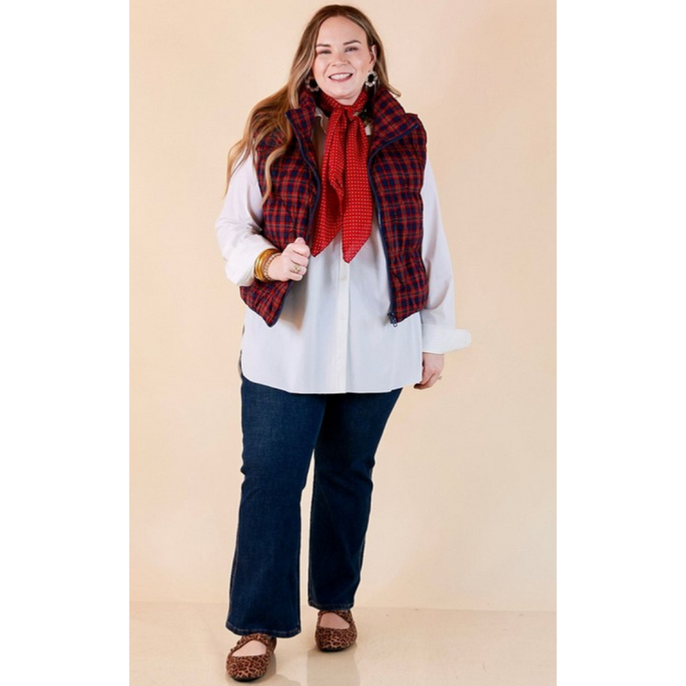 Warm Regards Plaid Quilted Puffer Vest with Stand Collar in Red and Navy