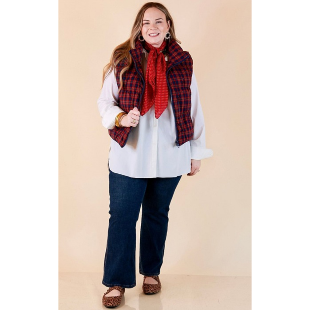 Warm Regards Plaid Quilted Puffer Vest with Stand Collar in Red and Navy