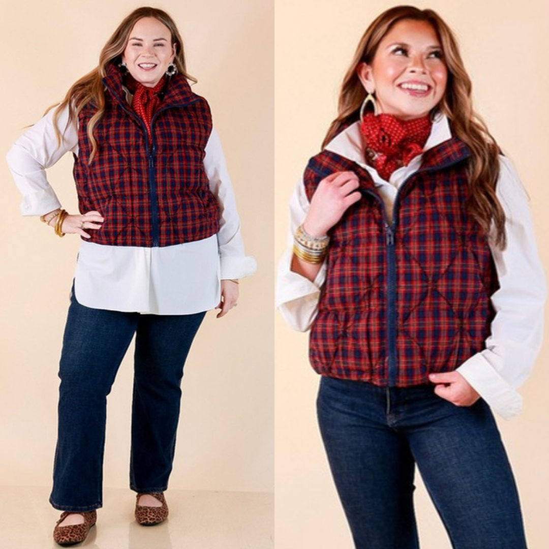 Warm Regards Plaid Quilted Puffer Vest with Stand Collar in Red and Navy