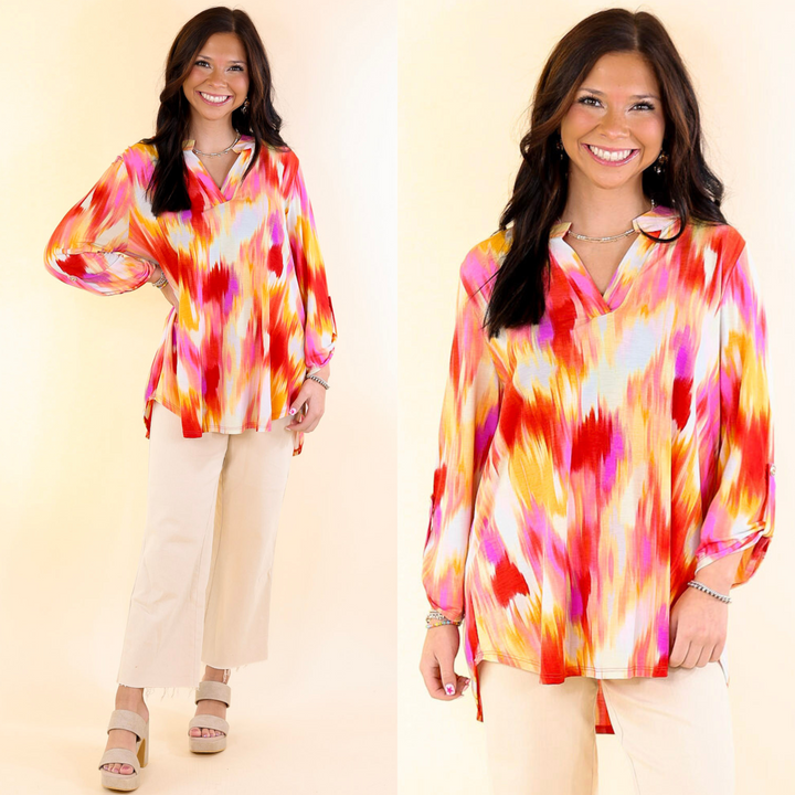 Urban Elegance Watercolor 3/4 Sleeve Tunic Top in Red Mix
