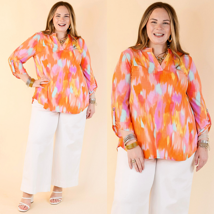 Urban Elegance Watercolor 3/4 Sleeve Tunic Top in Orange Mix