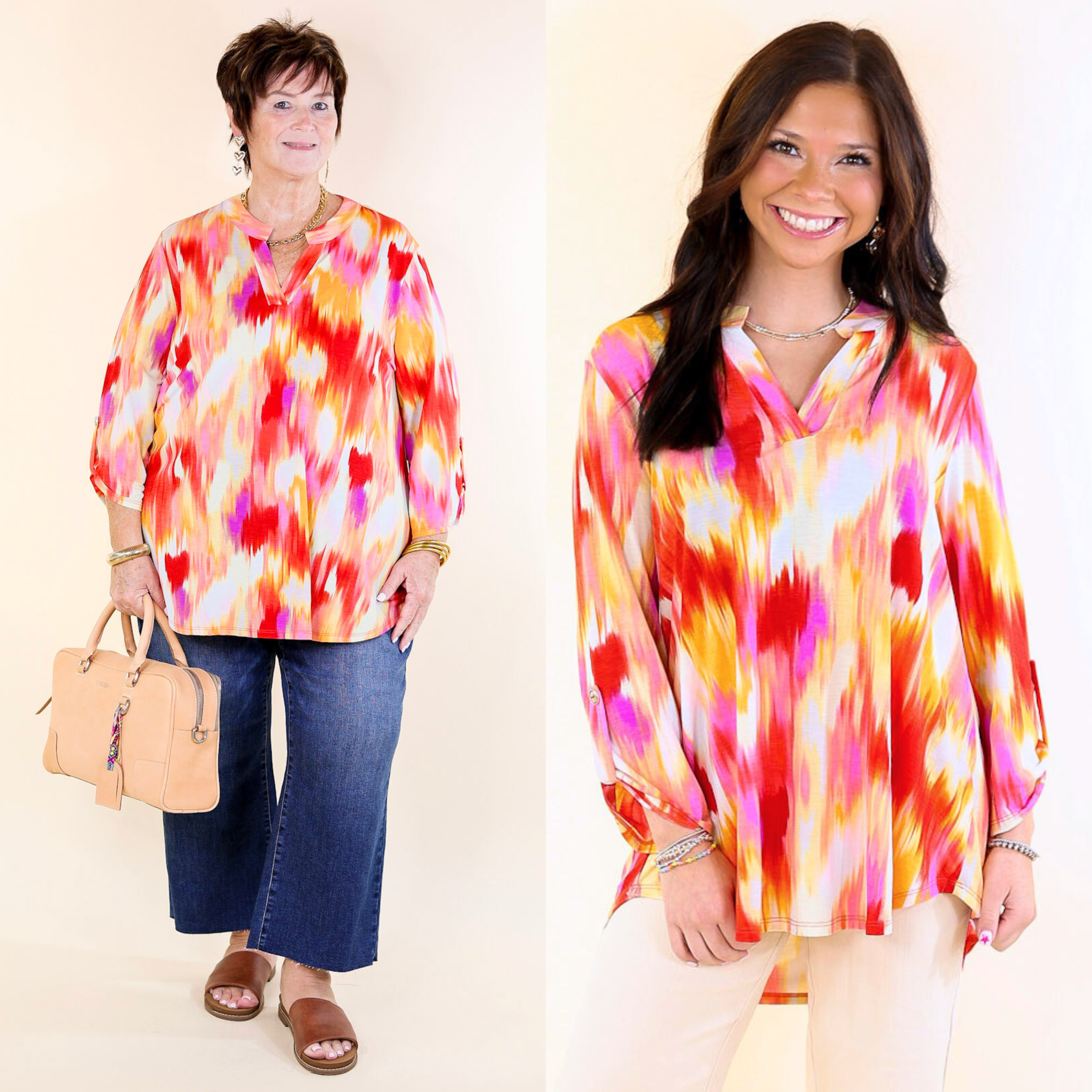 Urban Elegance Watercolor 3/4 Sleeve Tunic Top in Red Mix